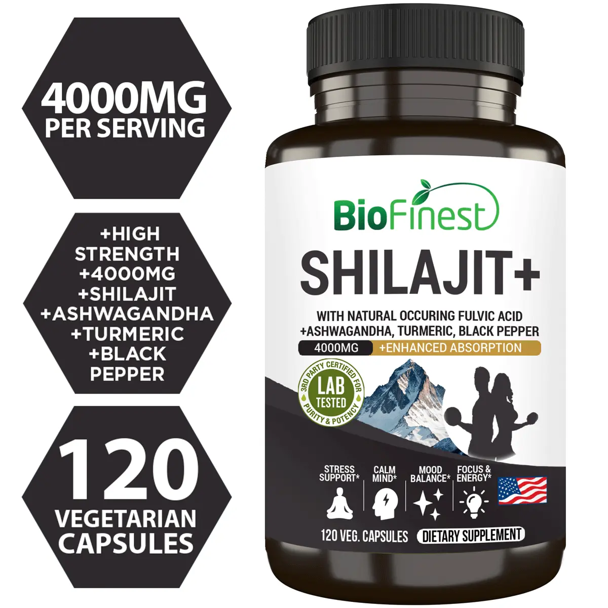 Biofinest Shilajit+ 4000mg Supplement - Ashwagandha Turmeric Mood Balance Calm Mind Stress Support Endurance Energy 120s