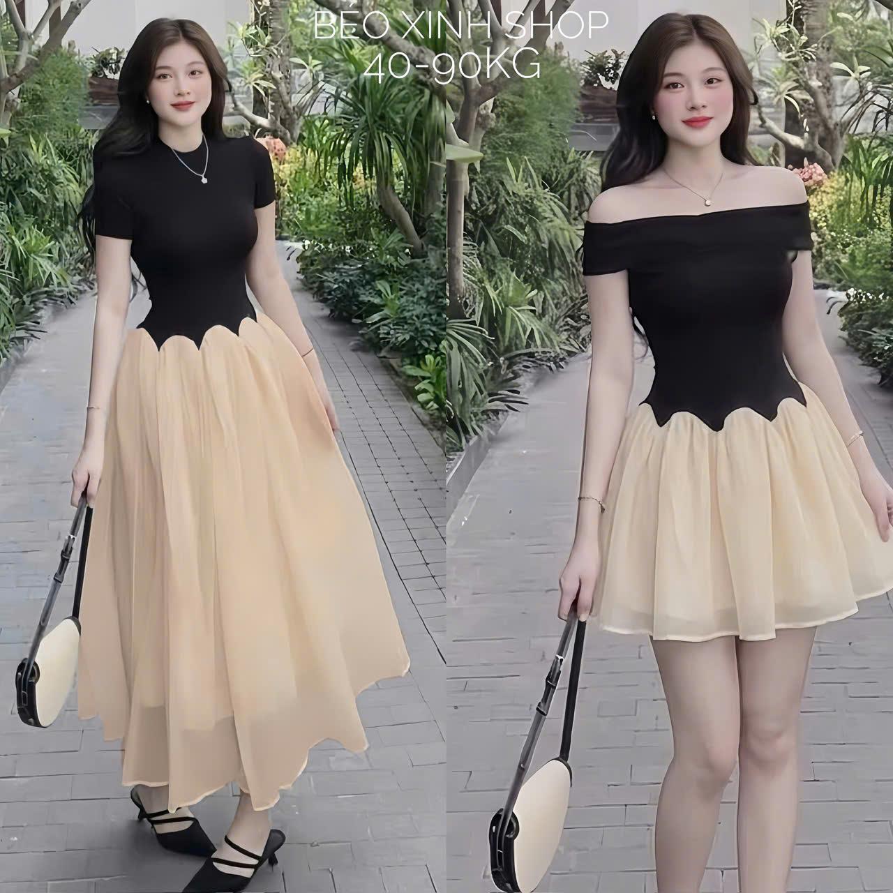 Váy Dự Tiệc Nữ Cổ Tròn Phối Váy Xòe Cao Cấp Thanh Lịch Bigsize 45- 90 Kg Dễ Thương Nữ Women Top - A.1549