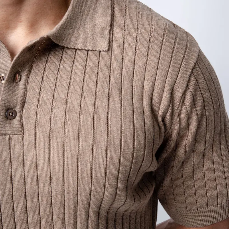 VENGOZ Polo Shirt Rajut Pria - Mens Polo Shirts Striped Light Brown 4