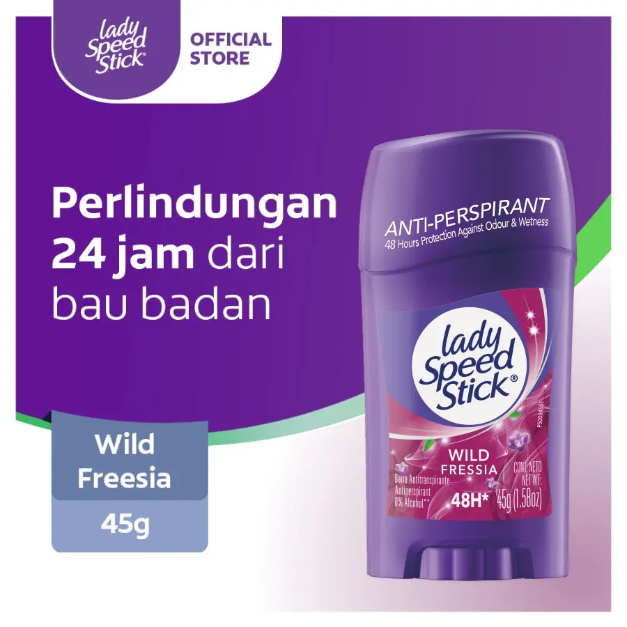 Lady Speed Stick Wild Freesia 45gr Deodorant Melindungi Dari Bau Badan, Mengurangi Bau Keringat, Perlindungan 48 Jam Dari Bau Badan, Perawatan Badan