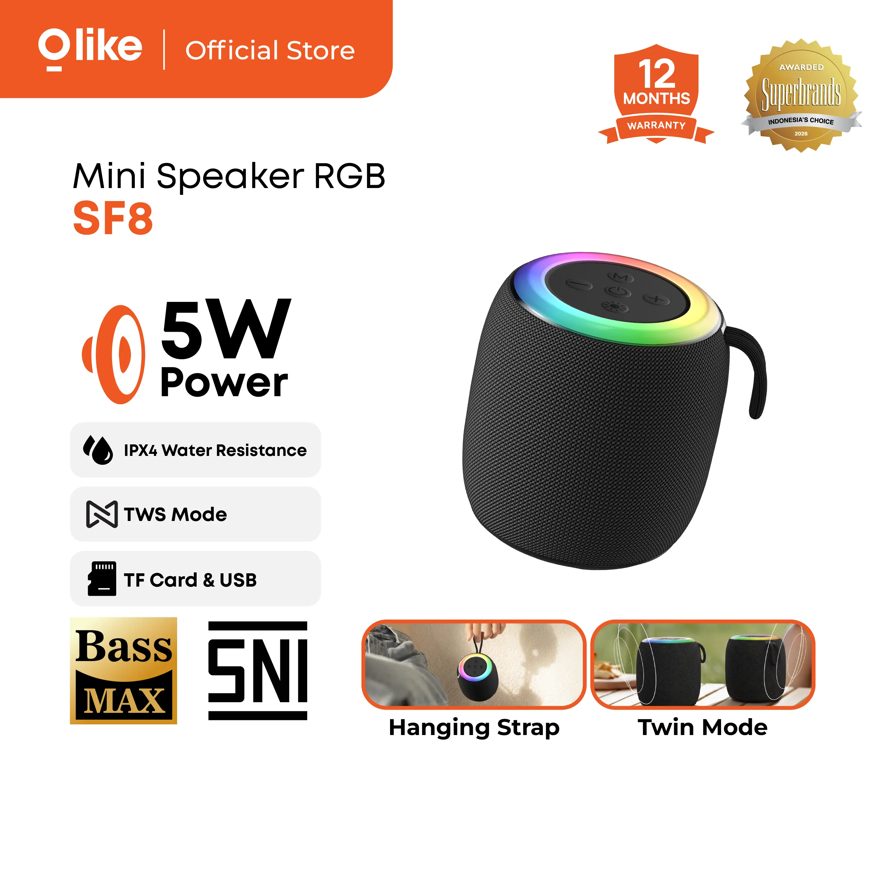 Olike Mini Speaker  Bluetooth SF8 | 5W Bass Max | Bluetooth 6.0 | RGB Ambient Light | IPX4 Tahan Air | 5 Jam Pemakaian | Portable Hanging Strap | Resmi SNI | Garansi 1 Tahun