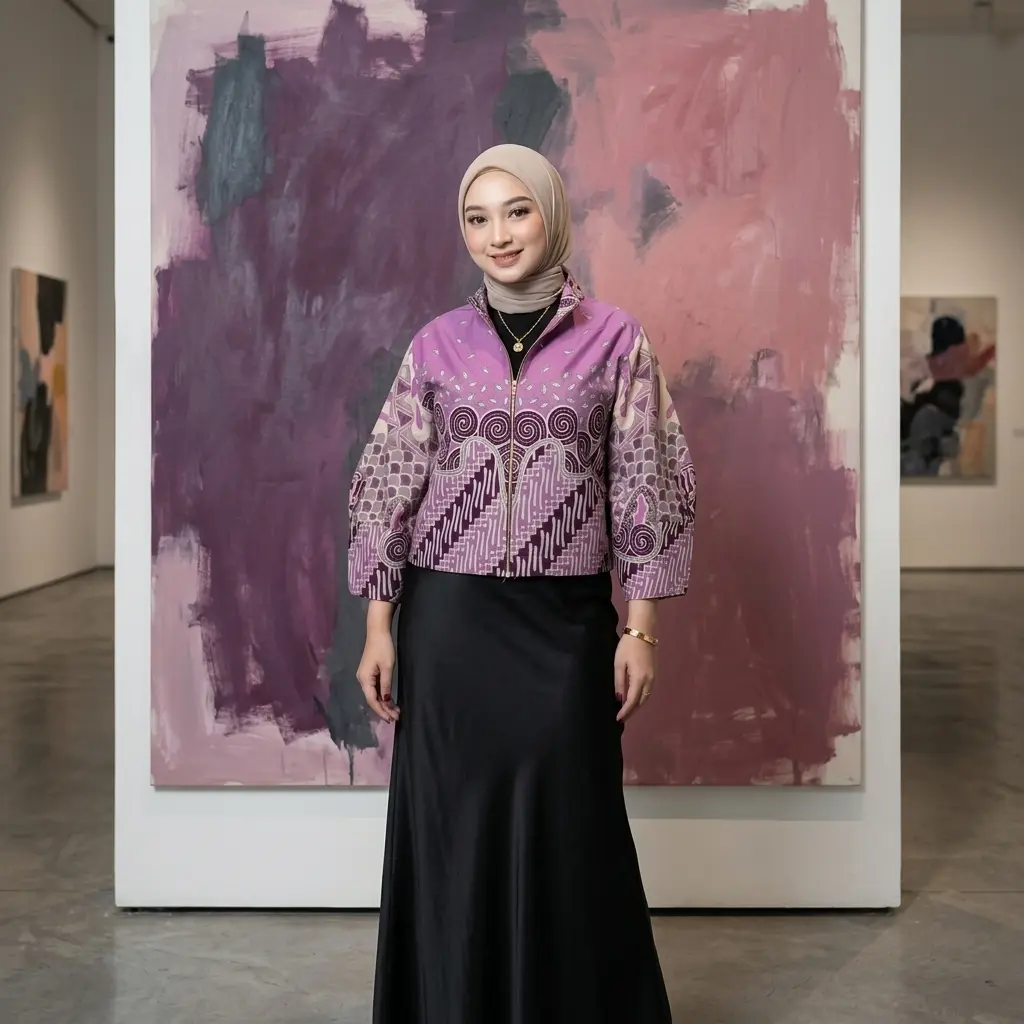 Outer Batik wanita Motif Nazwa Pink Resleting  Bahan Katun Lampion Halus Full Furing