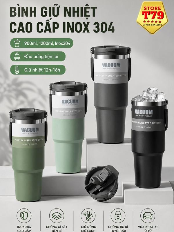 VACUUM Bình Giữ Nhiệt 900ml,1200ml, Inox304 Quai Xách - Ống Hút & Uống Trực Tiếp - Giữ Nóng Lạnh 12-16H - Tiện lợi mang theo