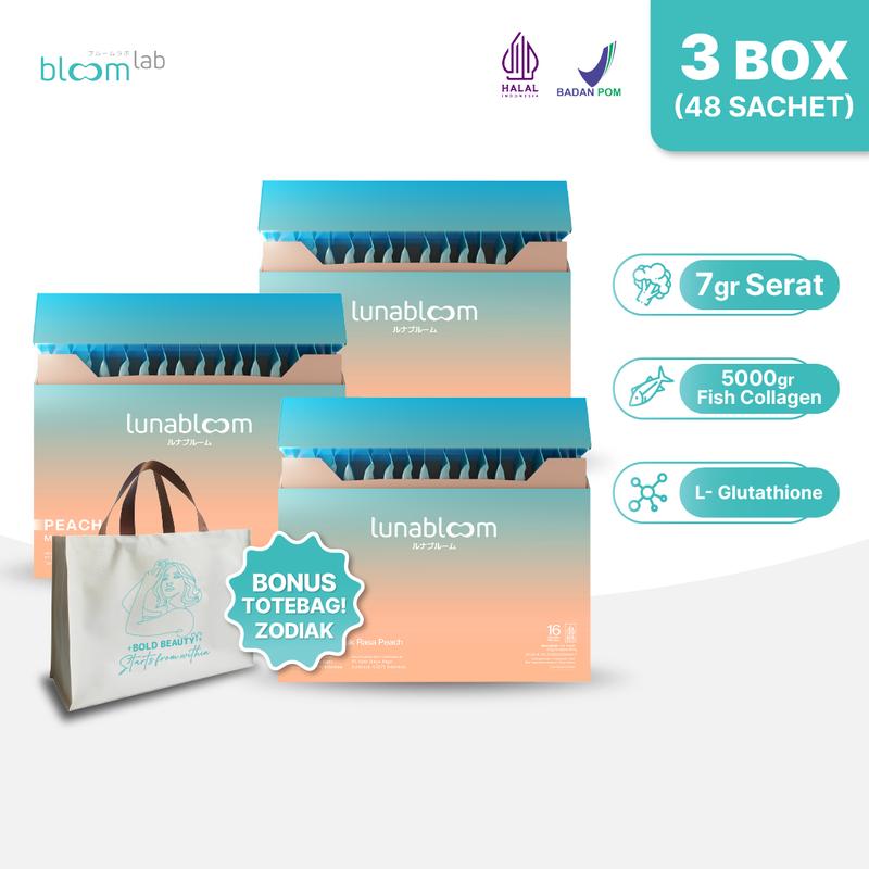 BloomLab LunaBloom 3 Box (48 Sachet) Minuman Fiber Collagen Glutathione Rasa Peach - 16 Sachet Per Box 0