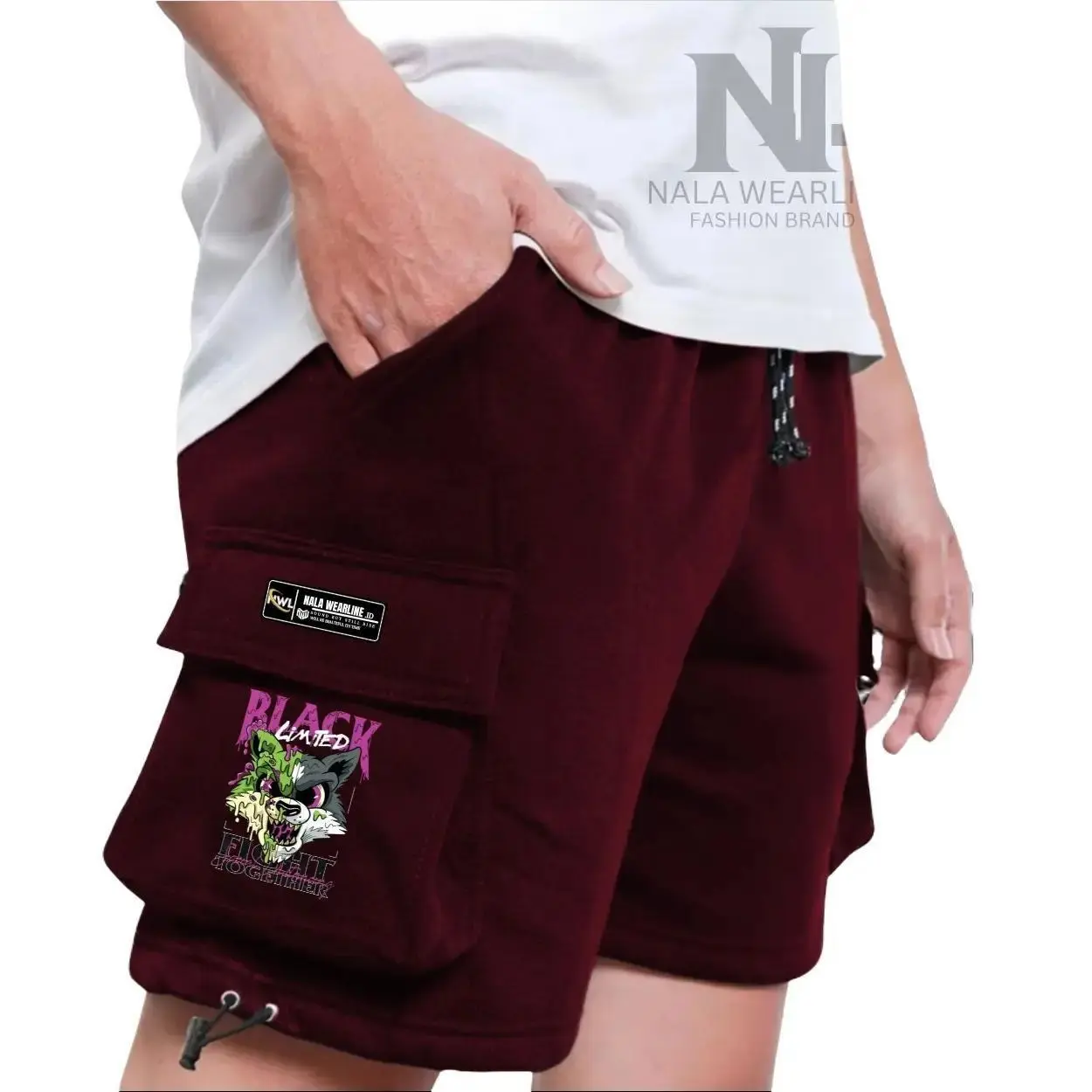 NALA WEARLINE.ID Celana Cargo Pendek Pria Dan Wanita Bahan Katun Fleece Adem Dan Lembut Motif Black Warna Burgandy - Shorts Pants Cargo Santai Navy Hitam