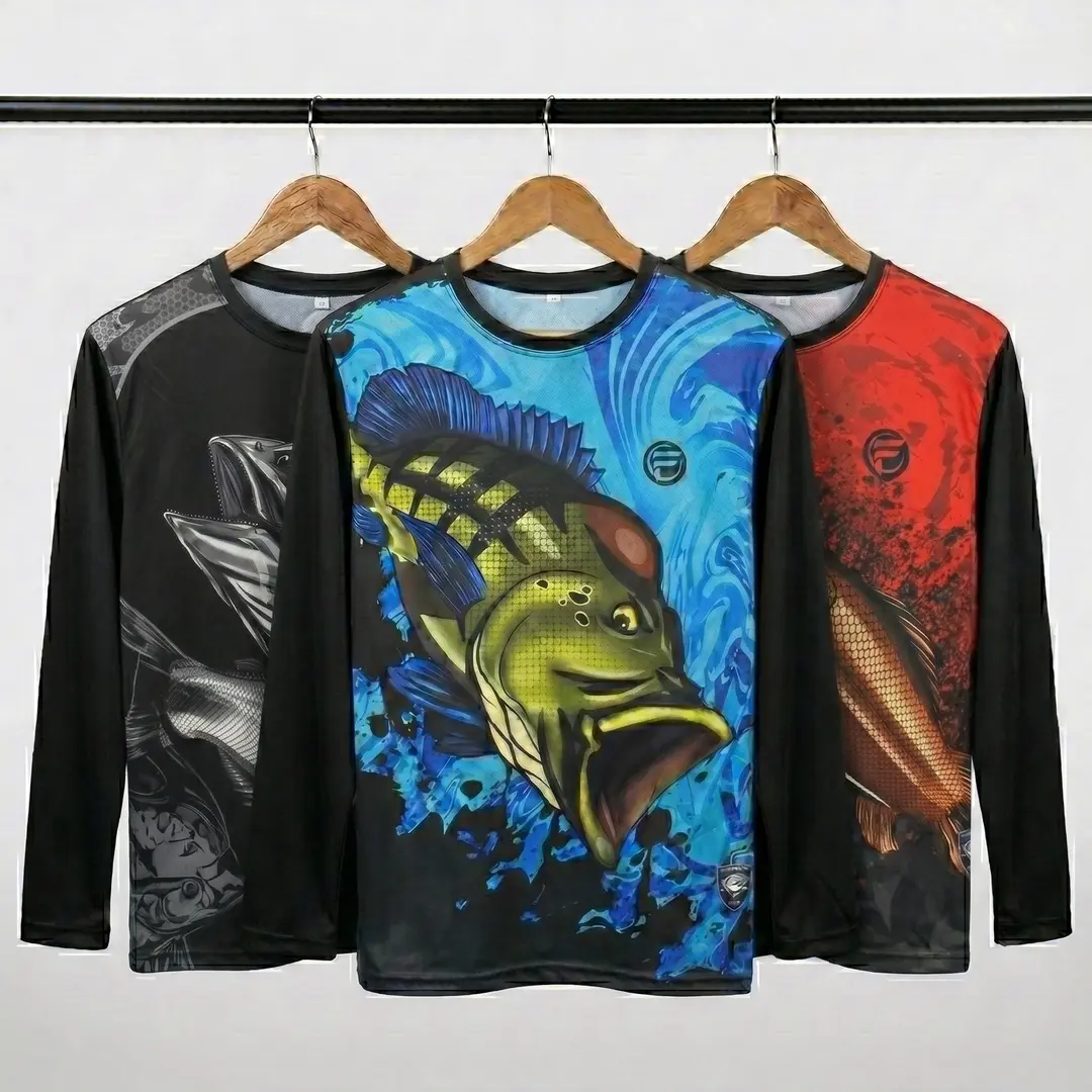KIT 3 Camisa de Pesca Masculina Camiseta Dry Fit Blusa UV50 Manga Longa Gola Redonda Proteção Solar Tucunaré Dourado Traíra Pescaria