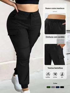 Pantalones cargo de talla grande para mujer en color sólido, diseño elástico con cordón ajustable en la cintura, cómodos y casuales, ideales para Navidad
