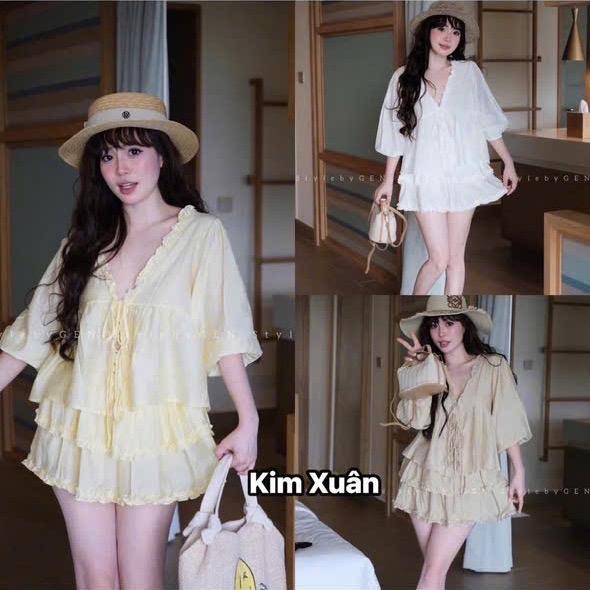 BỘ TIỂU THƯ ÁO CỔ V BÈO + CHÂN VÁY BÈO CÓ LÓT bigsize 48-90kg