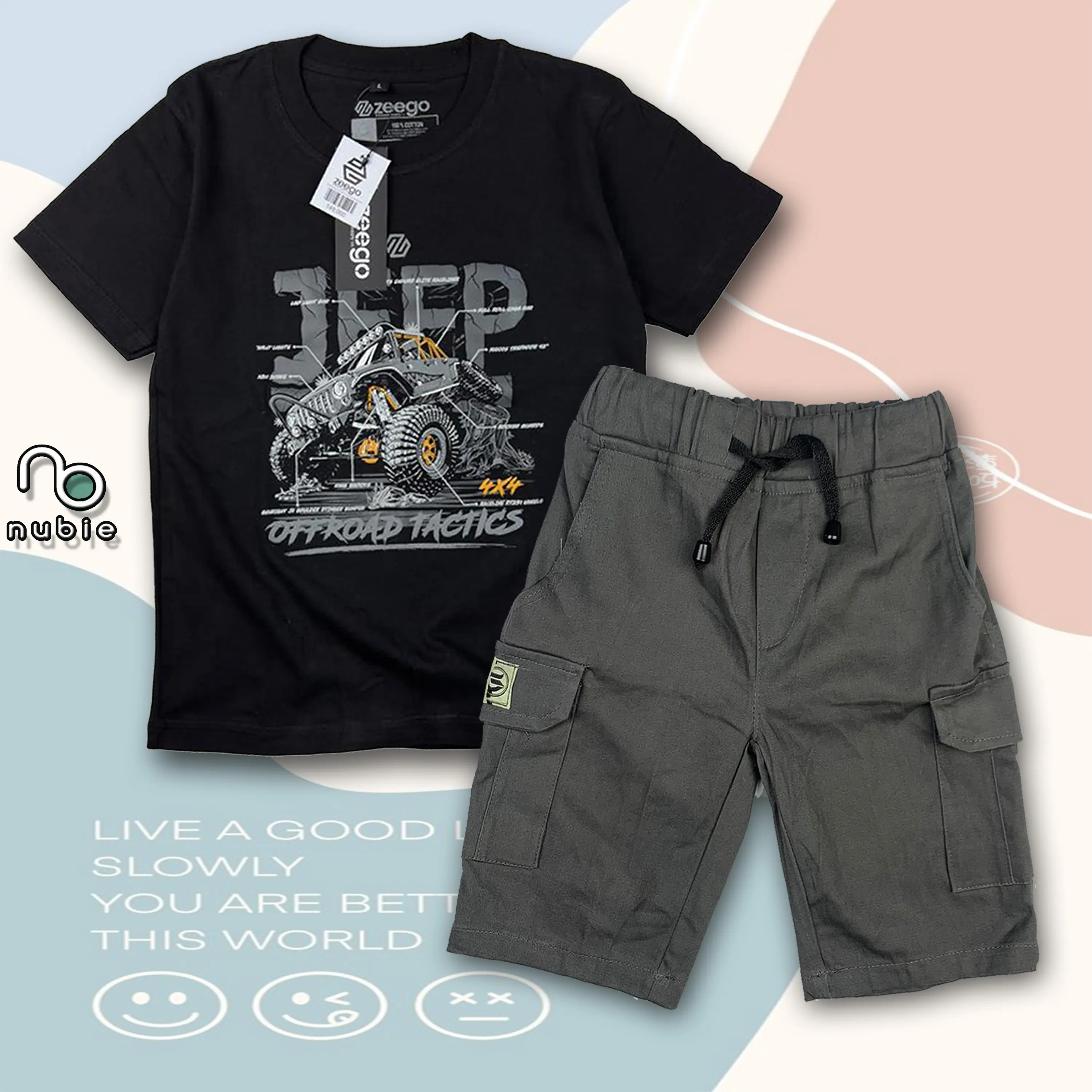 Setelan Celana Cargo Laki Laki / Stelan Kaos Anak Cowok 3-12 tahun Baju Pakaian Fashion