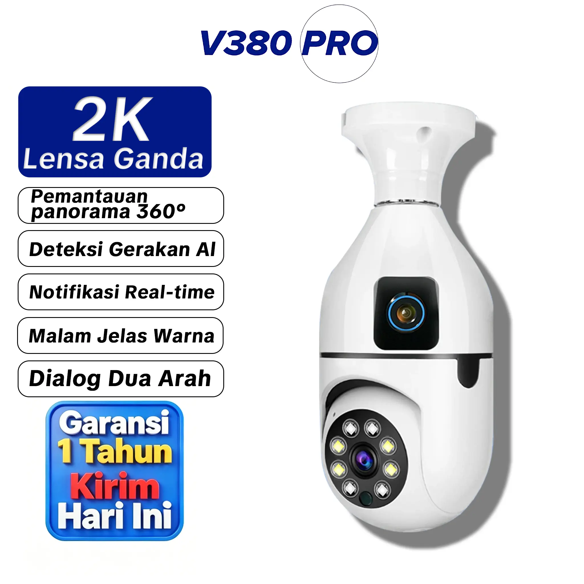 V380 Pro CCTV Bohlam Dual Lensa 8MP Alarm Deteksi Dan Pelacakan Manusia AI Notifikasi Real-time