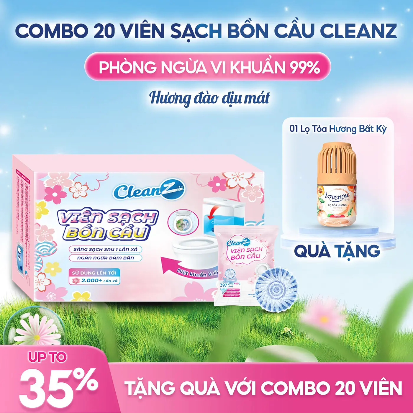 [MUA 1 ĐƯỢC 2] Viên Sạch Bồn Cầu CleanZ sạch khuẩn thơm mát làm sạch mảng bám khử mùi diệt vi khuẩn toilet thế hệ mới hương đào 50g/gói
