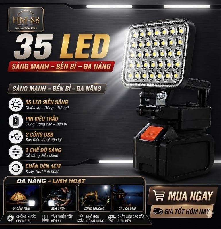 Đèn led 35 mắt gắn pin siêu sáng, có 2 chế độ sáng, có 2 cổng sạc USB, tay cầm tiện lợi