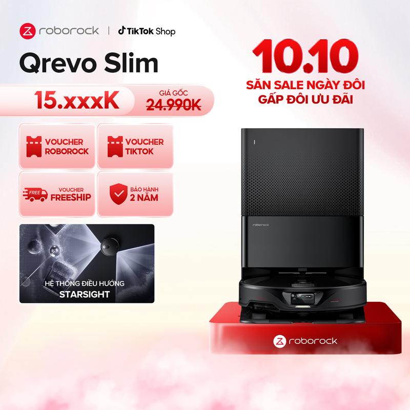 [TẶNG NƯỚC LAU SÀN] Roborock Qrevo Slim robot hút bụi lau nhà | Siêu mỏng chỉ 8.2cm | Trang bị nhận diện AI | Tự động giặt giẻ, sấy nóng | Bảo hành 24 tháng