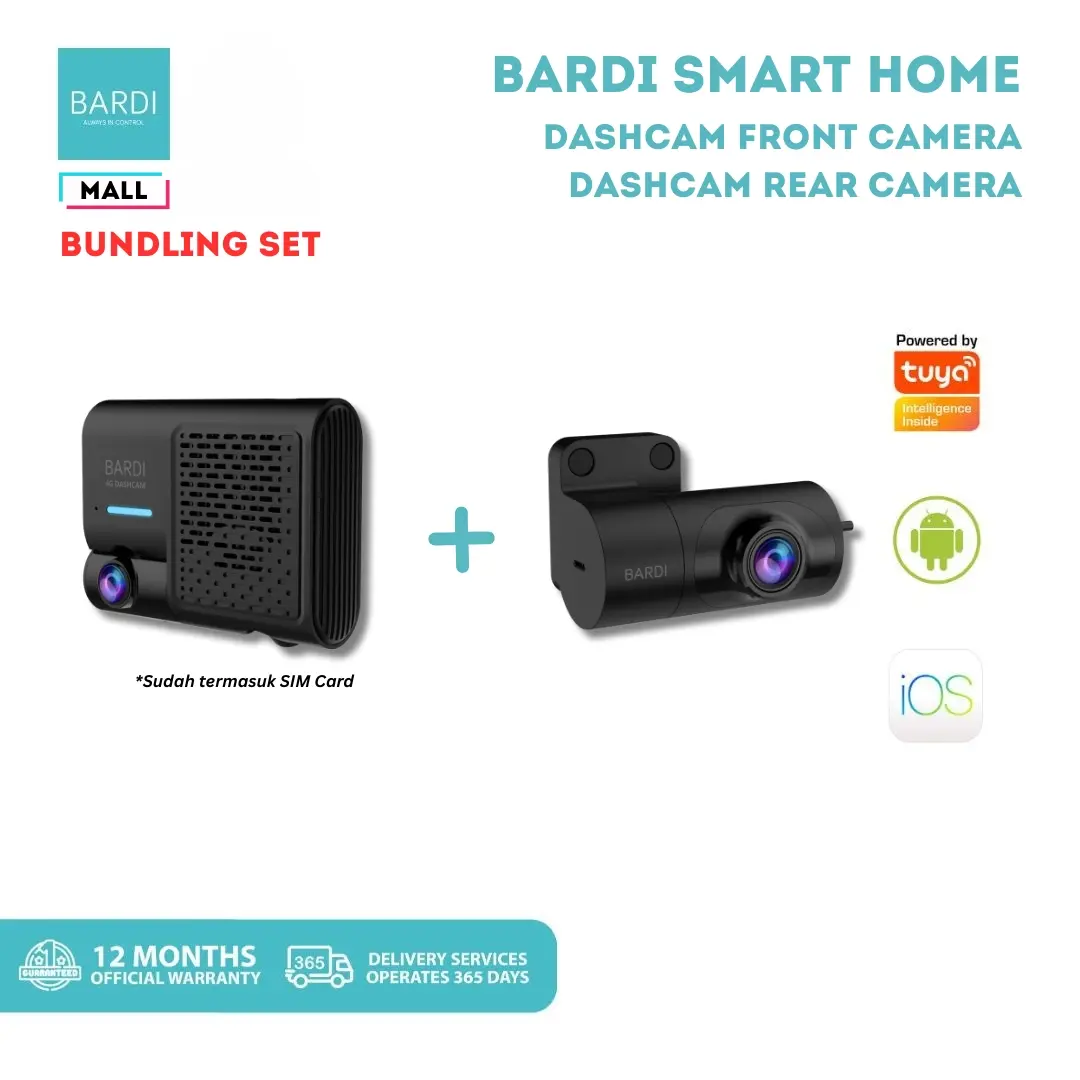 BARDI Dashcam dengan SIM Card Front Rear Hardwiring Kit Kamera Mobil Full HD 30FPS Pengawasan Optimal & Notifikasi Kecepatan Mobil