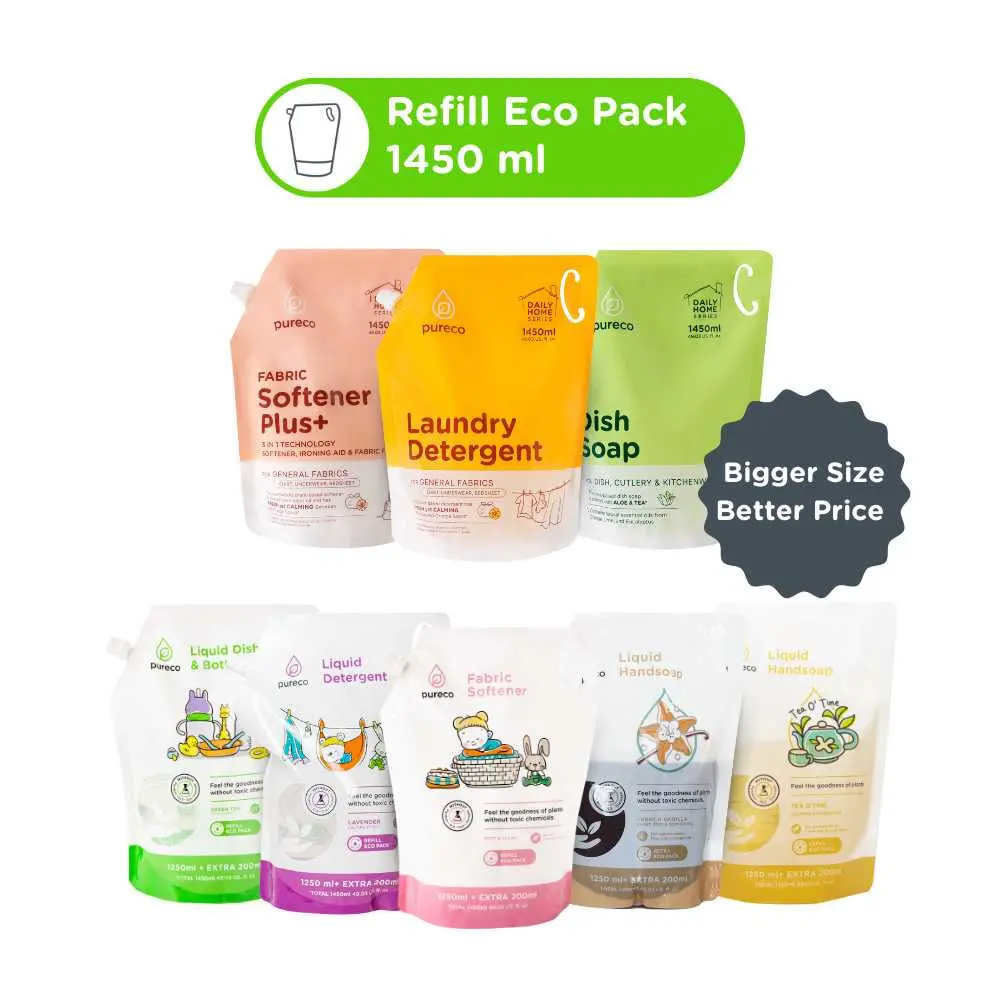 Pureco Deterjen Cair Bayi & Keluarga Refill Eco Pack 1450ml - Tanpa Bahan Kimia Berbahaya & Ramah Lingkungan - Wangi Lavender Menenangkan