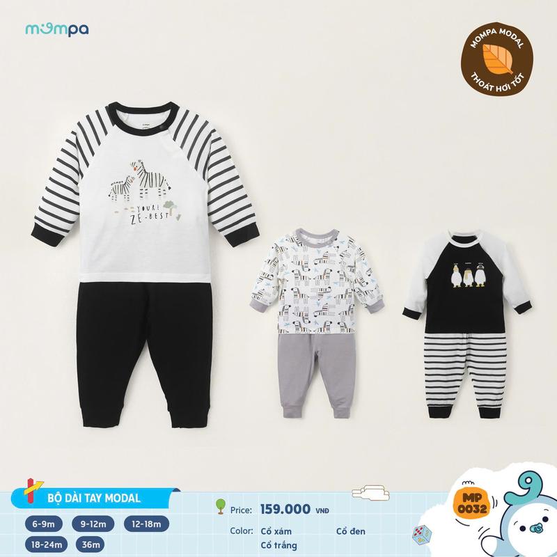 Bộ quần áo dài tay cho bé trai Mompa 6 tháng đến 3 tuổi vải Modal mềm mại co giãn thấm hút 0032 M25TD