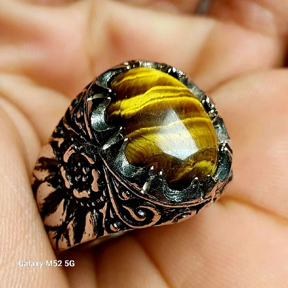 Cincin Batu Tiger Eye Asli Natural Dim 16 mm Ring Alpaka Super Mewah Elegan dengan Desain Unik dan Detail Halus