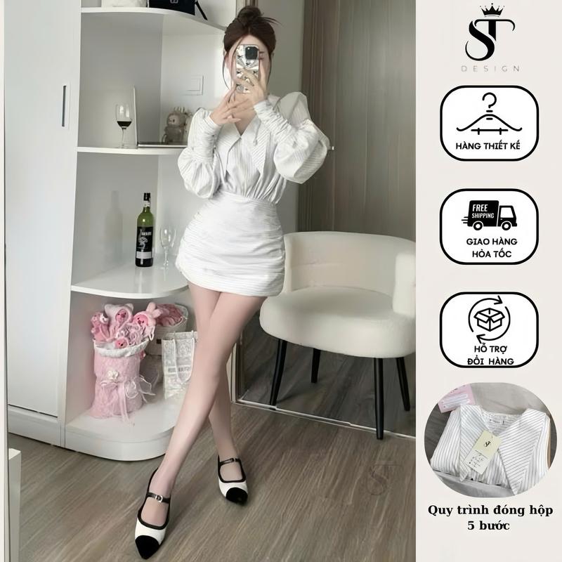 Set váy sơ mi dài tay tiểu thư đi tiệc sang chảnh chân váy nhún eo cúc ngọc - Hàng thiết kế - ST DESIGN - T99- váy mặc đám cưới váy đi tiệc váy đi cà phê váy chụp thu Hà Nội