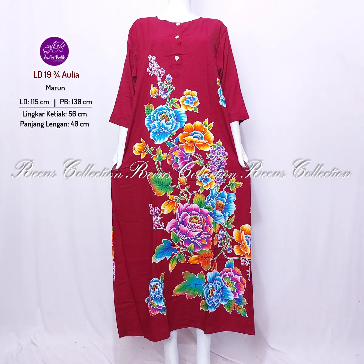 Aulia Batik Longdress 19 Tangan 3/4 Batik Print | Daster Panjang Semata Kaki Lengan 7/8 3 Kancing Depan Busui daster lengan 3⁄4