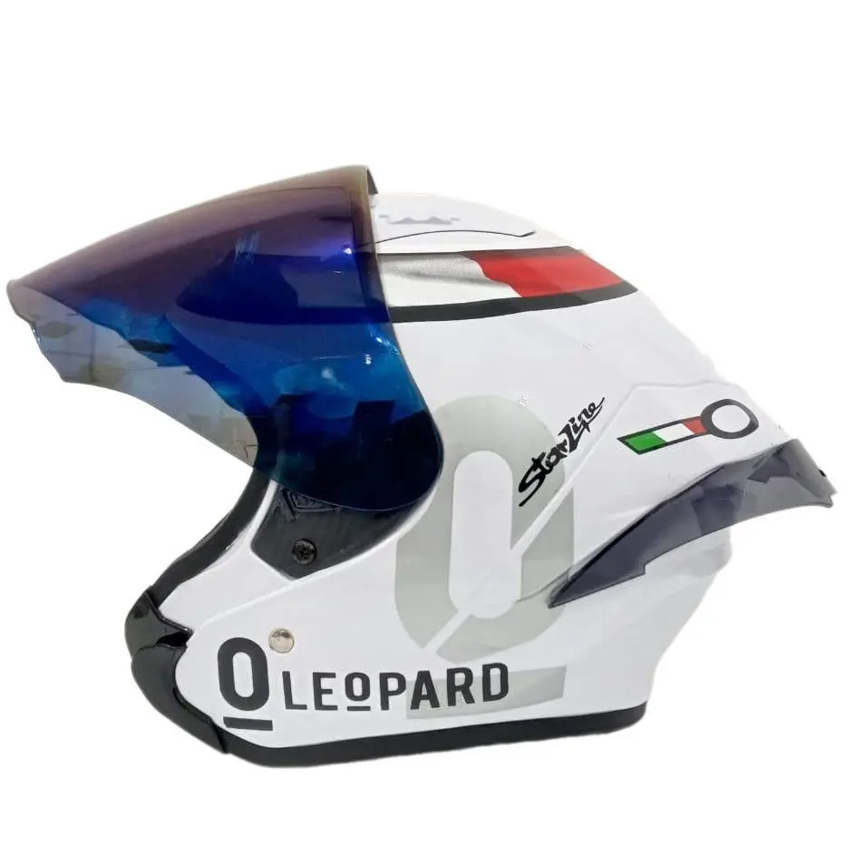 Helm Half Face Terbaru MLA HAKAI Motif Leopard+SPOILER white Kaca/Visor Clear Blue Silver Hitam SNI - Motorcycle