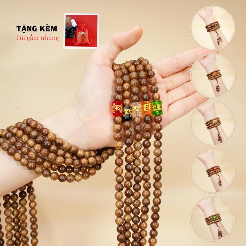  Tặng Túi Gấm   Vòng Trầm Hương 108 Om Mani Padme Hum- Trầm Gió Trắng 