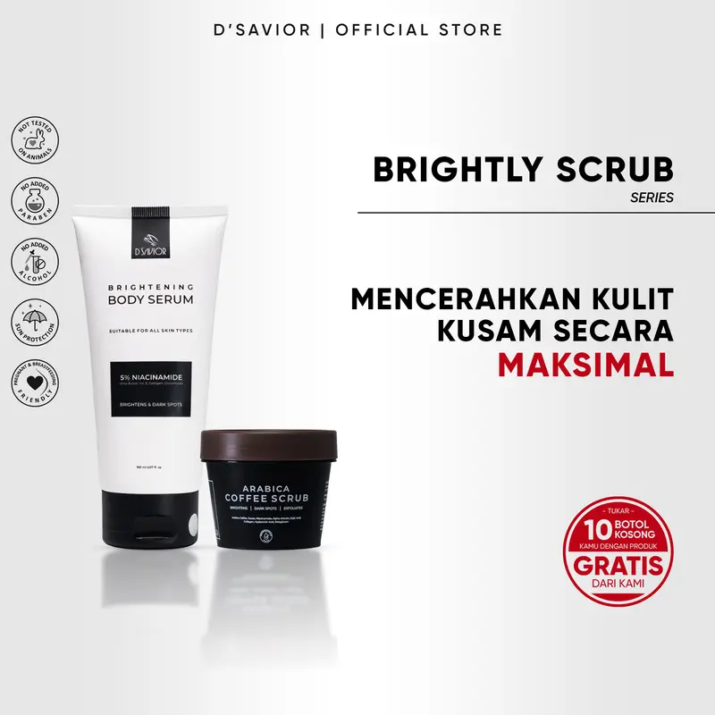 D'SAVIOR Brightly Scrub Series | Paket Mencerahkan Untuk Kulit Kusam | Body Serum 150Ml dan Body Scrub 0