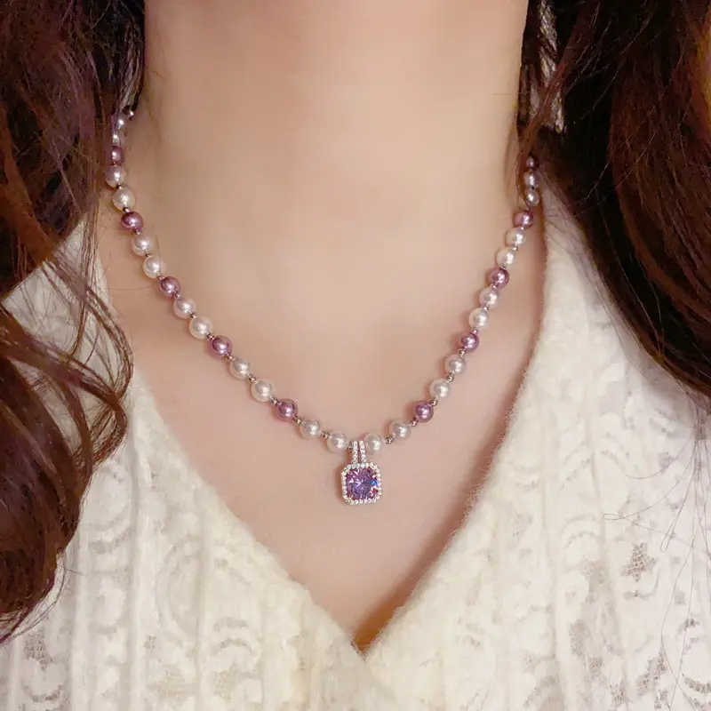 EAR PARTNER-Kalung mutiara zirkon ungu persegi retro Prancis, rantai klavikula mewah ringan yang elegan dan cocok untuk semua kalangan