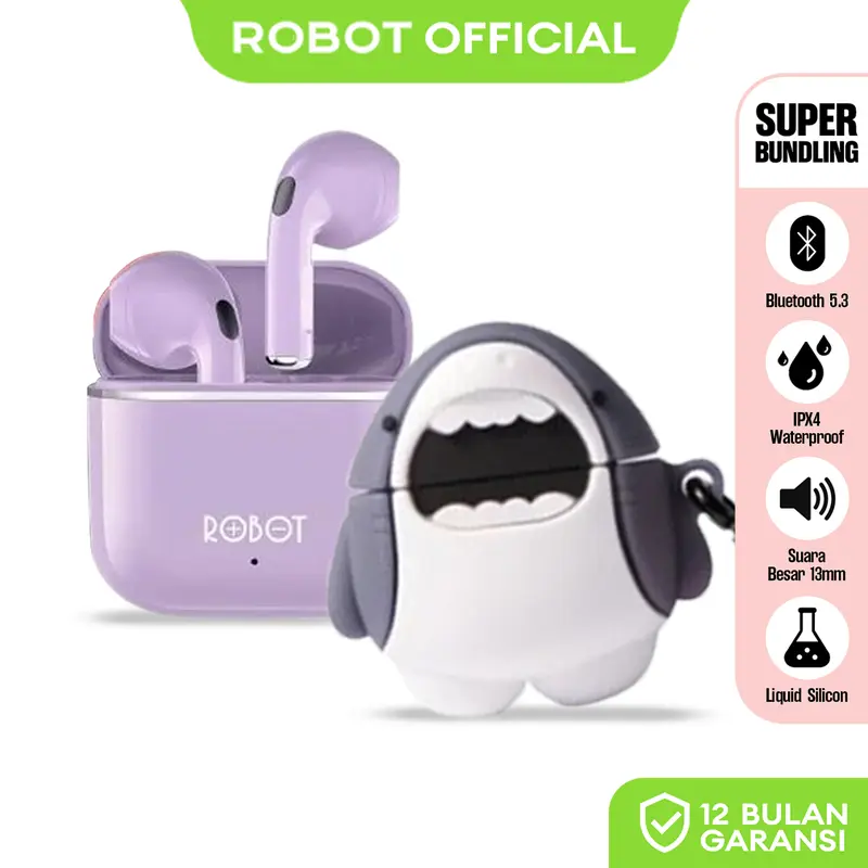 Paket Bundling Robot TWS Wireless Earphone Airbuds New T50S dan case T50S Original BT 5.3 True Wireless Headset Bluetooth Earbuds IPX4 WaterProof - Garansi 1 Tahun [ BISA COD ] Suara ngeBass Smart Headphones 1