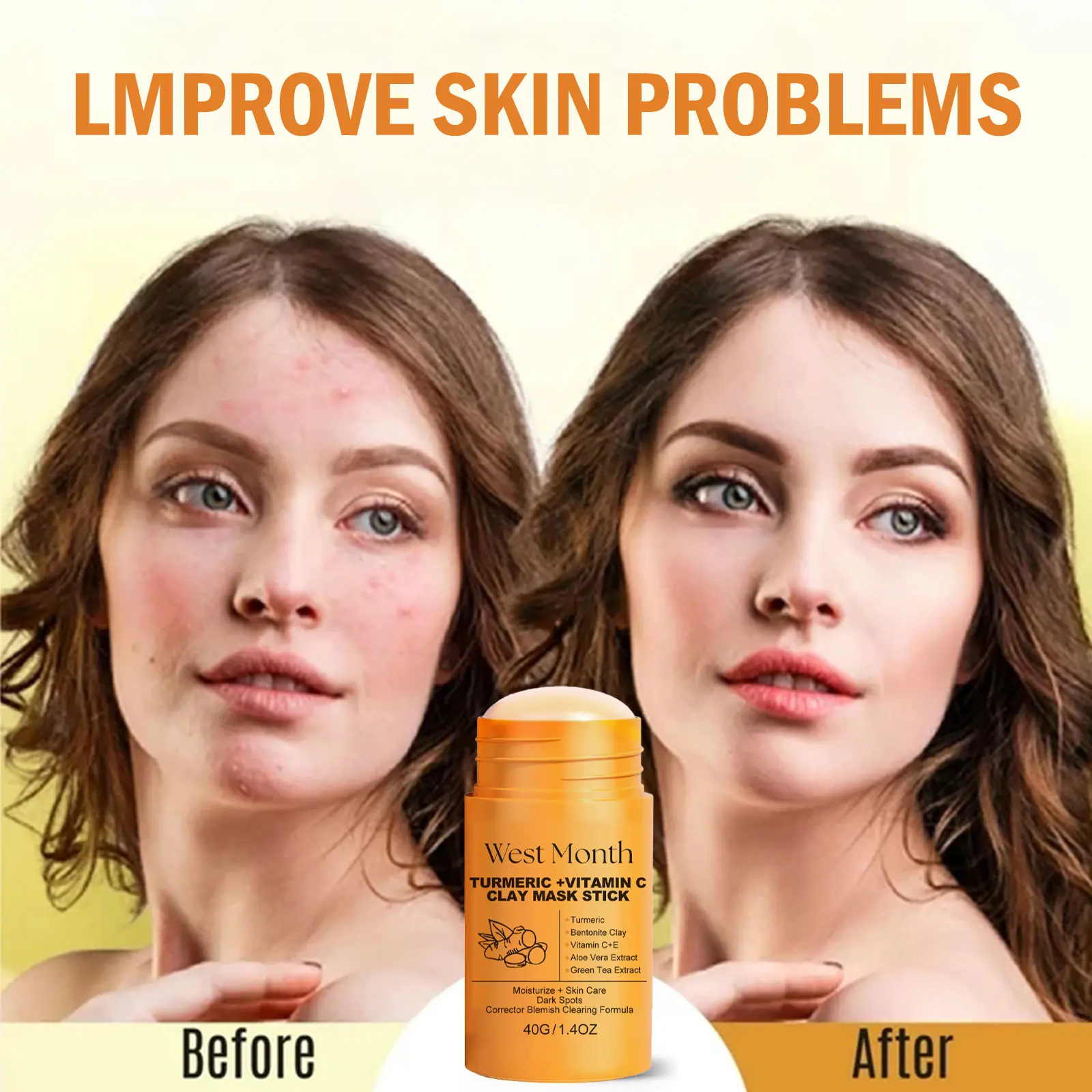 Tongkat Topeng Pencerah Lumpur Kunyit, 40g, Pembersihan Dalam, Mengecilkan Liang Pori, Topeng Lumpur Aplikator, Sesuai untuk Kulit Mencerahkan Face Skincare Wajah