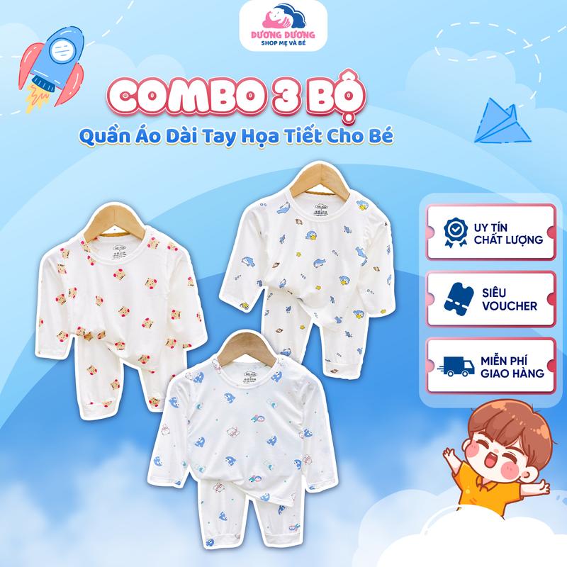 [Mát Lịm Mềm Mại] Combo 3-5 Bộ Quần Áo Dài Tay Nền Trắng Hoạ Tiết Bé 0-30 Tháng Vải Petit – B09