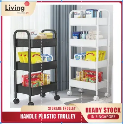 Plastic Handle Trolley 3 / 4 Tier Plastic Shelf Trolley Rack Storage Rack With Wheel Kitchen Trolley Ready Stock