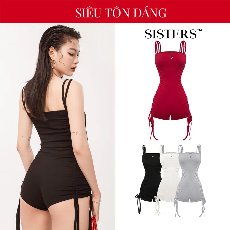 Jumpsuit nữ ngắn đùi rút dây SISTERS gợi cảm màu đen, trắng chất thun gân co dãn Émmi Jumpsuit l SS4-J5 0