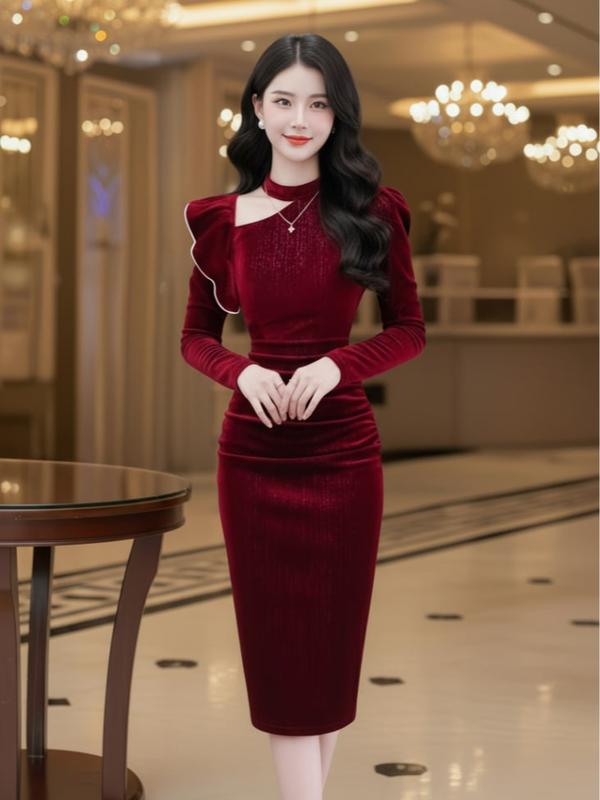   MIỄN SHIP  V2169 Váy Nhung Hàn Cao Cấp - Dáng Váy Ôm Body Kết Hợp Với Thiết Kế Cổ Cách Điệu Sang Trọng Dành Cho Nữ Women Dress Đỏ 