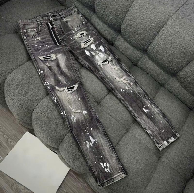 Quần jean nam DQ xám khói bạ đen khóa lệch rách vá bảng 4 cúc Menswear Top