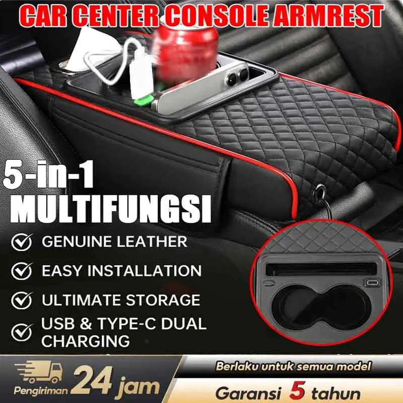Kotak Penyimpanan Mobil Armrest Mobil 5in1 dengan Charging | Organizer Kotak Mobil，Bantalan Konsol Organizer untuk HP, Tissue, Gelas, Kartu | Material Kulit Anti Air | Ada USB & Type-C | DISKON 50%!