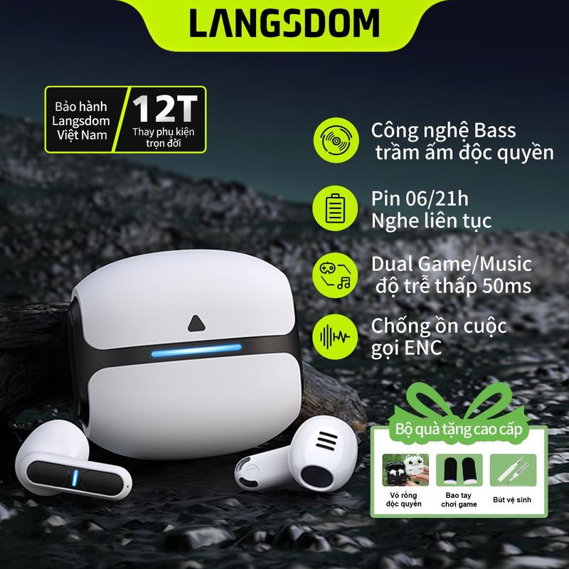 Tai Nghe Bluetooth Gaming Langsdom Theta, Bass trầm ấm, Độ trễ cực thấp 50ms, Pin tổng 21h, Míc chống ồn ENC, Chống nước IPX5