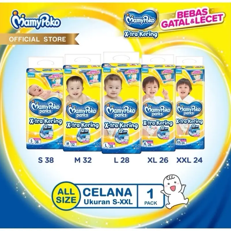 POPOK MAMYPOKO PEMPERS CELANA NB44 S38 M32 L28 XL26 XXL24 Bayi Diapers