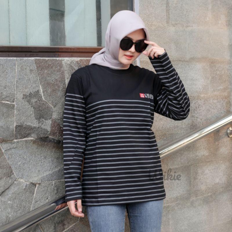 Terlaris Kaos Wanita Salur Lengan Panjang Atasan Wanita Hijab Salur Baju Belang Kaos stripe Wanita Kaos Ootd 7