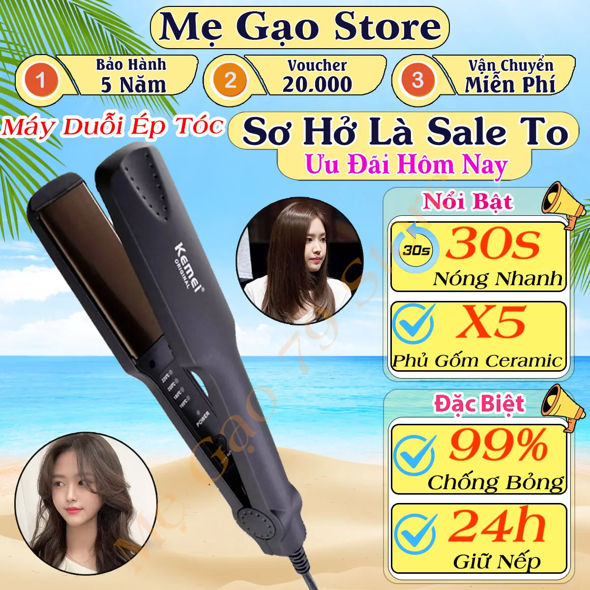 Máy Là Tóc Bản To Có 4 Mức Chỉnh Nhiệt Kemei KM329 Women Nữ
