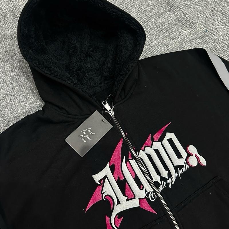 HOODIE BOXY Menyala ZipperJAKET ZIPPER BOXY SABLON FOAMING DAN AKSEN MENYALA BLACK PING PRIA WANITA Unisex Hitam Sweater Santai 2