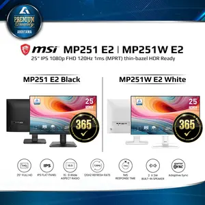 Monitor LED MSI MP251 E2 Black | MP251W E2 White 25" IPS 1080p FHD 120Hz 1ms (MPRT) HDMI 2.0 x1 DP 1.4 x1 Adaptive Sync Technology A stylish, thin-bezel display that complements any modern workspace or minimalist gaming setup