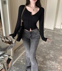 Gambar 【NEW】Women Crop Top V-Neck Long Sleeve Slim Fit Long Sleeve 1820 (S/M/L) - Black, S dari 99koutlet Kab. Tangerang 1 Tokopedia