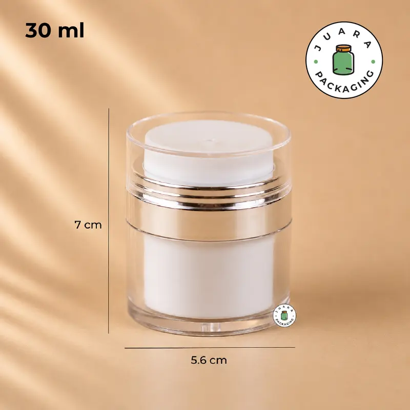 Pot Cream Airless 30ml Bahan Akrilik dengan List Silver & Pump – Wadah Kosmetik Elegan untuk Skincare, Krim Wajah, Lotion, Serum, Kemasan Refill Jar Premium 30 ml