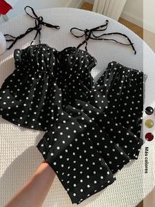 Conjunto para mujer: top cami con lunares y tirantes atados en el hombro, busto con cordón delantero, cintura elástica, tejido plano ligero y fluido; ropa casual para diario, vacaciones y loungewear, ideal como streetwear.