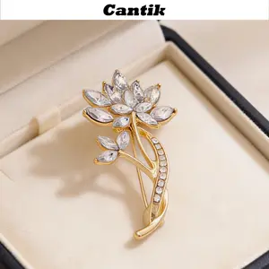 [Cantik]Bros Teratai Kristal Cabang Emas untuk Wanita, Aksesoris Pin Tudung B1177