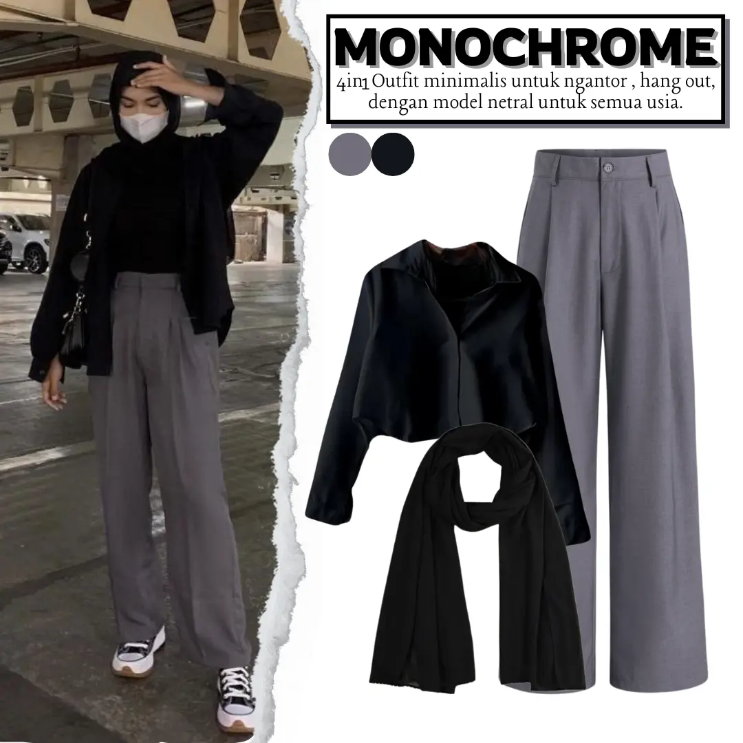 One Set 3in1 Monochrome Tone Black And Grey - Kemeja Crop Oversize + Celana Kulot Wanita Bahan Poliester + Pashmina Ceruty Setelan Hitam Dewasa LQ004 Baju Kancing