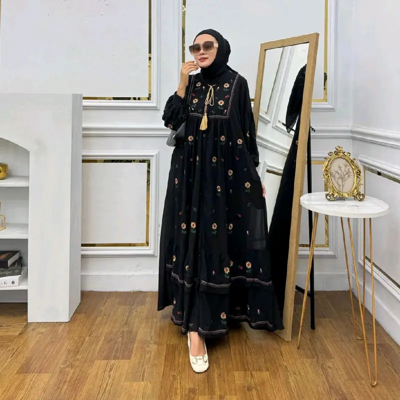 Unic Mode Gamis Midi Dress Soft Jeans Denim Lembut  Nyaman Wanita Dewasa Remaja Casual Variasi Bordir Muslim Remaja Lebaran Kancing Simple Muda Mewah 1