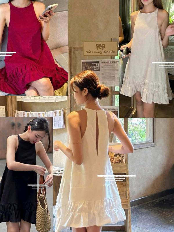  Nude  Trắng  Đỏ  Đen Linen có lót Đầm chữ A babydoll cố yếm cộc tay xẻ lưng viền bèo xoè basic dễ thương năng động CHERRY DRESS 