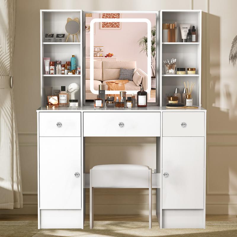 Modern White Dressing Table 3 Drawers Vanity Makeup Desk with Smart LED Mirror & Stool White 4