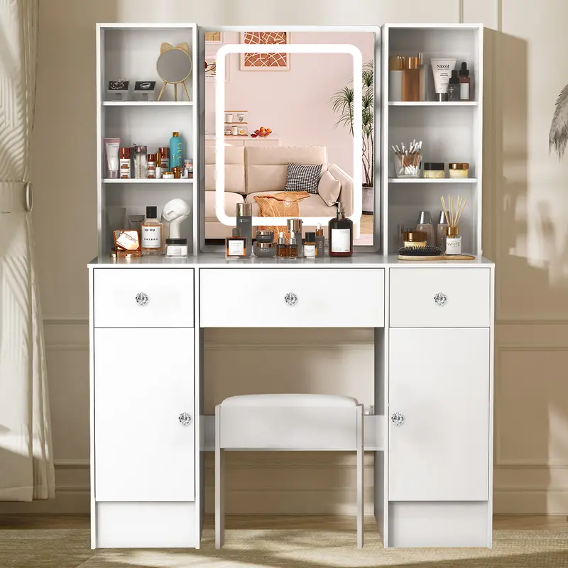 Modern White Dressing Table 3 Drawers Vanity Makeup Desk with Smart LED Mirror & Stool White 4